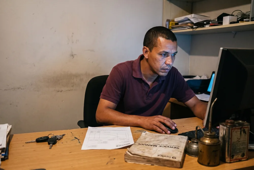The mechanic at a home-office desk in the evening, working at a computer with car keys, an invoice and a service manual on the desk beside him.