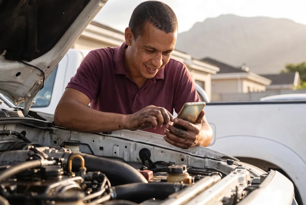 The mechanic leaning over an open engine bay, building a quote on his phone with grease on his hands.